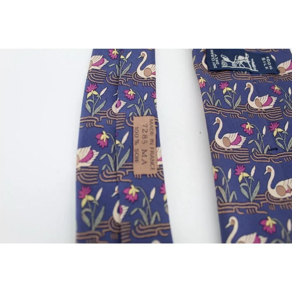 Hermès Swan Tie Mens Blue 100% Silk Made In France Novelty Animal Print
